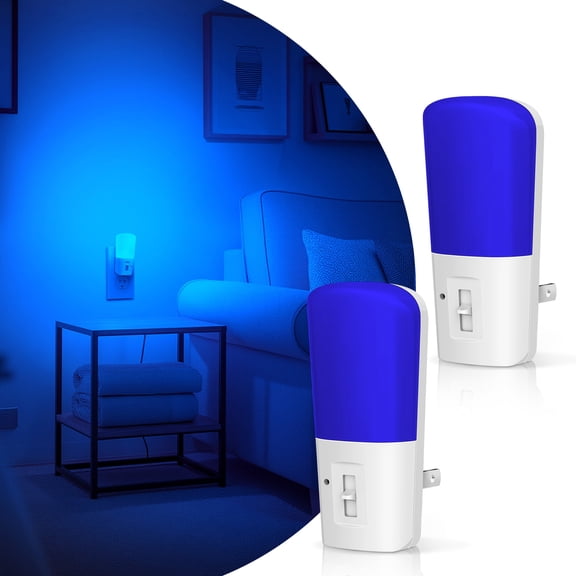 YANSUN 2-Pack Blue LED Night Lighting, Vertical Dimmable Plug-In Night Light with Auto Light Sensor, 1-Watt Integrated LED & White Acrylic Cover