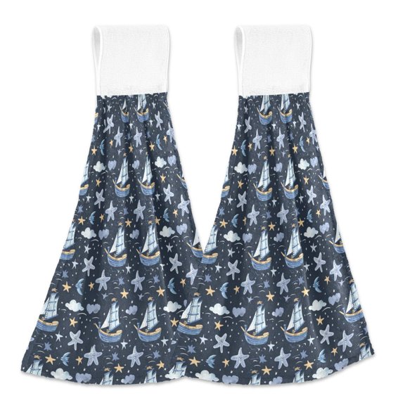 2 Pcs Boat Star Starfish Kitchen Hand Towels with Hanging Loops Absorbent Soft Fast Drying Decor Bath Towels