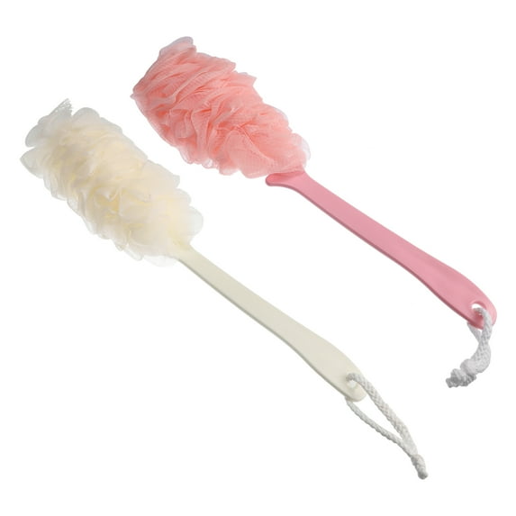 2 Pcs Body Bath Brush Scrubber Loofah Shower with Long Handle for Skin Exfoliating PP Mesh Pink Beige