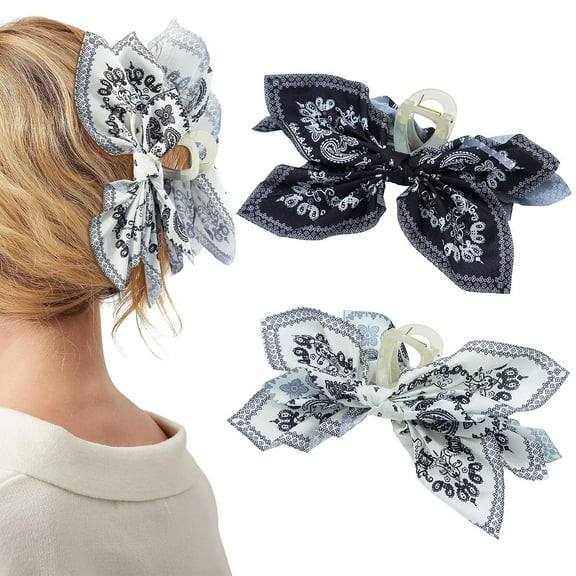 2 Pcs Boho Bow Hair Claw Clips - Plastic Big Claws, Large Bow Knot Adorable Fashion Accessories for Thick Hair Women
