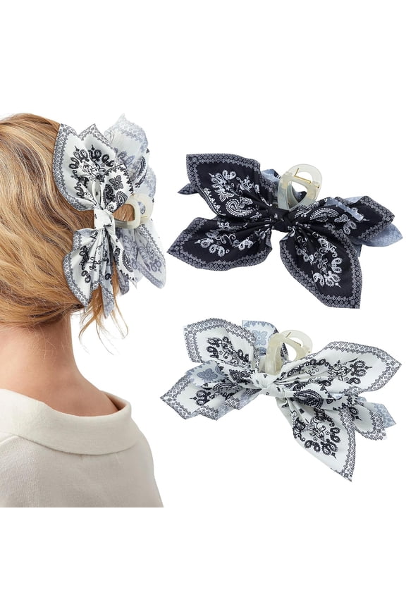 2 Pcs Boho Bow Hair Claw Clips - Plastic Big Claws, Large Bow Knot Adorable Fashion Accessories for Thick Hair Women
