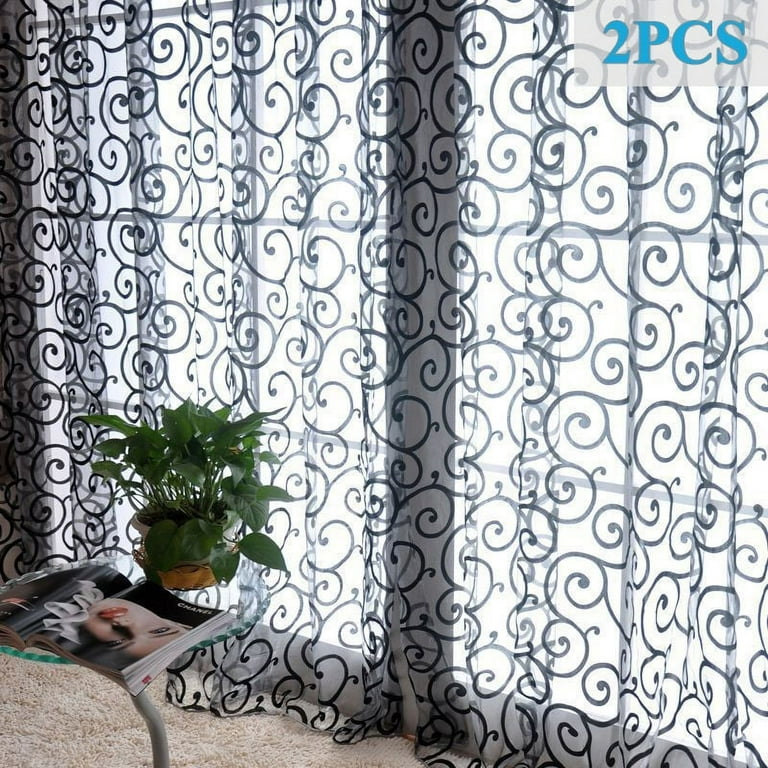 2 Pcs Boho Lace Curtains Sheer Floral Tulle Curtains Closet Curtain For  Bedroom Living Room 40*106 Black 