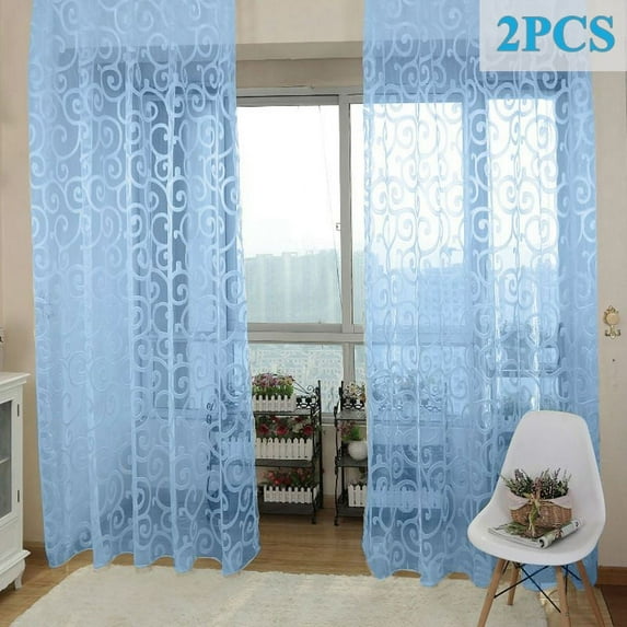 2 Pcs Boho Lace Curtains Sheer Floral Tulle Curtains Closet Curtain For Bedroom Living Room 40"*106" Sky Blue