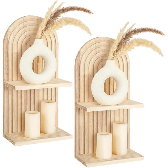 2 Pcs Boho Wall Shelf Arch Wooden Floating Shelves Mid Century Rainbow Wall Shelf Hanging Holder Double Vintage Mount Altar Decor for Nursery Bedroom(2 Tier)