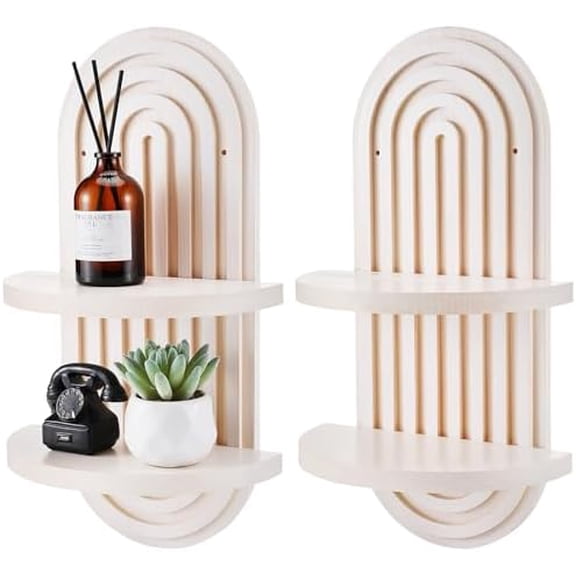2 Pcs Boho Wall Shelf Rainbow Arch Wooden Floating Shelf Mid Century Bohemian Hanging Holder Double Vintage Wall Mount Altar Decor for Nursery Bedroom 15.75 x 6.69 Inches(White)