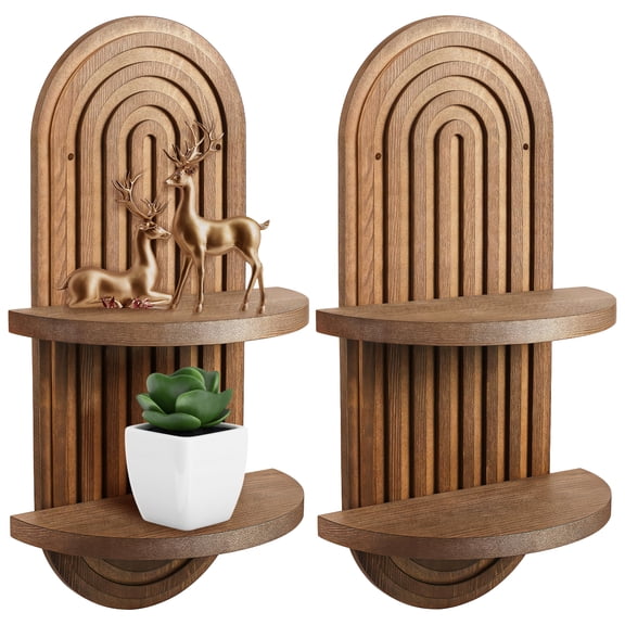2 Pcs Boho Wooden Wall Shelves, Retro Color Geometric Arched Design, Vintage Wall Mounted Hanging Holder, 16.93 x 9.06 in/ 43 x 23 cm, Double-Layer Hanging Shelves for Home Dcor
