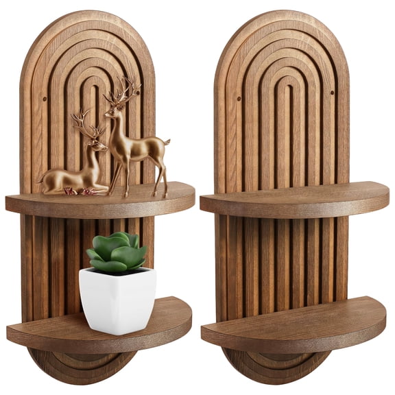 2 Pcs Boho Wooden Wall Shelves, Retro Color Geometric Arched Design, Vintage Wall Mounted Hanging Holder, 16.93 x 9.06 in/ 43 x 23 cm, Double-Layer Hanging Shelves for Home Dcor