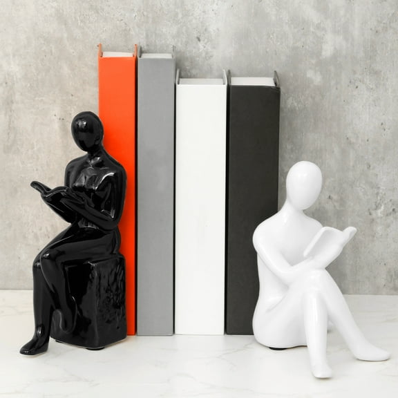 2 Pcs Book Ends for Shelves Decorative - Ceramic Bookends for Heavy Books Reading Couple Bookshelf Decorative Objects Sculpture Gift for Readers Book Lovers Nerd