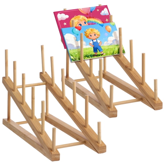 2 Pcs Book Display Stand Holder, 5-Tier Wooden Book Rack Organizer for Magazines, Tabletop Kids Bookshelf Art Display Shelf for Vendors Craft Trade Shows