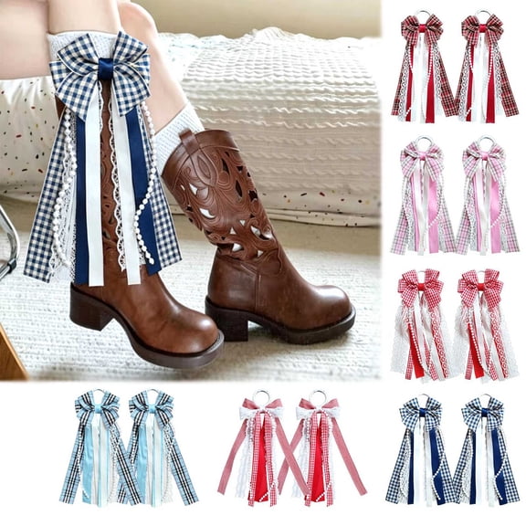 2 Pcs Boot Bows for Cowgirl Boots, Pink Satin Bows for Boots with Glitter Pearl Lace, Western Shoe Accessory Gifts for Wedding Holiday Birthday School Accessory Decor (Pink)