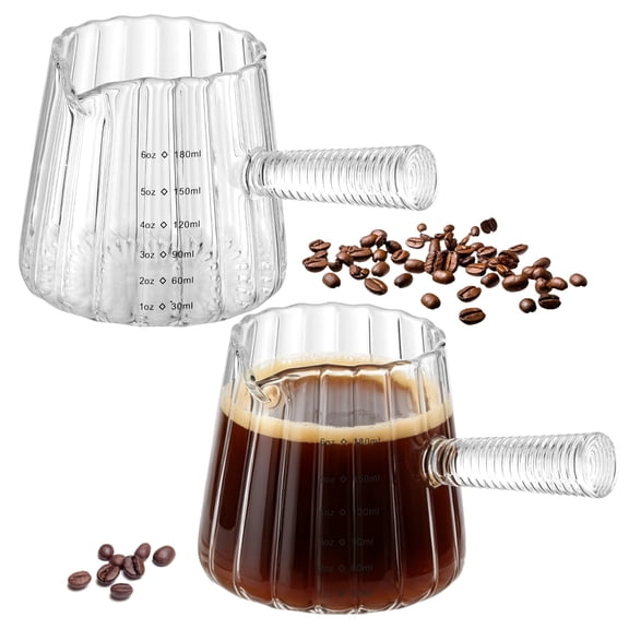 2 Pcs Borosilicate Glass Measuring Cups, 6 oz Espresso Shot Glasses with Glass Handle, V-Shaped Spout, Heat & Cold Resistant for Coffee Milk Cream Sauce, Professional Barista Tools