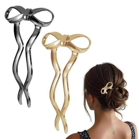 2 Pcs Bow Hair Pins,Vintage French Hair Forks for Women,Metal Bow Hair Pins for Buns,U Shaped Hair Pins,Twist Hair Pin Wavy Hairpins for Thick Hair,Women Buns Hair Styling Accessories,Gold & Black