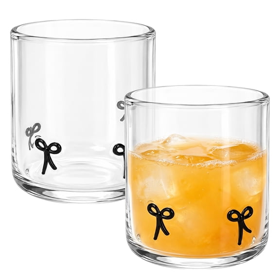 2 Pcs Bow Icon Glass Cups, Clear Crystal Drinking Glasses, 16.6 oz Cute Bow Pattern Tumblers, Stylish Water Juice Milk Iced Tea Cups for Home, Parties, Holiday Table Decor