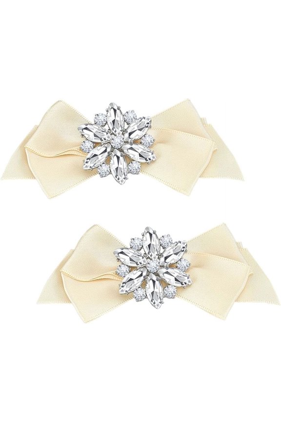 2 Pcs Bow Knot Rhinestone Shoe Clips Beige Bowknot Shoe Buckles Rhinestone Fabric Shoe Clips Polyester Crystal Bow Butterfly Shoe Charm Detachable Wedding Bow Knot Shoe Decor for Heels