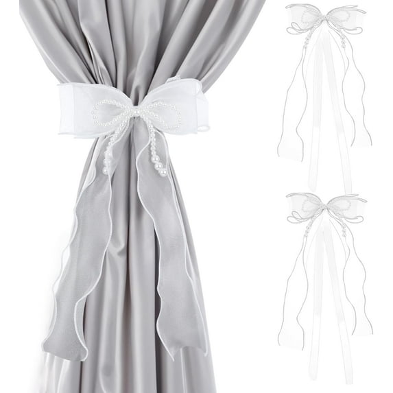 2 Pcs Bowknot Curtain Tiebacks, Butterfly Curtain Ties with Pearls, Sweet Bow Curtain Holdbacks Buckles for Home Decorative