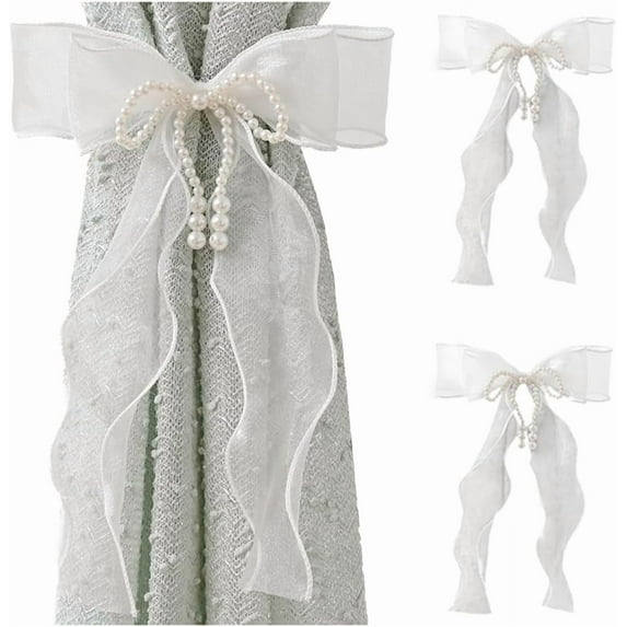 2 Pcs Bowknot Curtain Tiebacks, Butterfly Curtain Ties with Pearls, Sweet Bow Curtain Holdbacks Buckles for Home Decorative