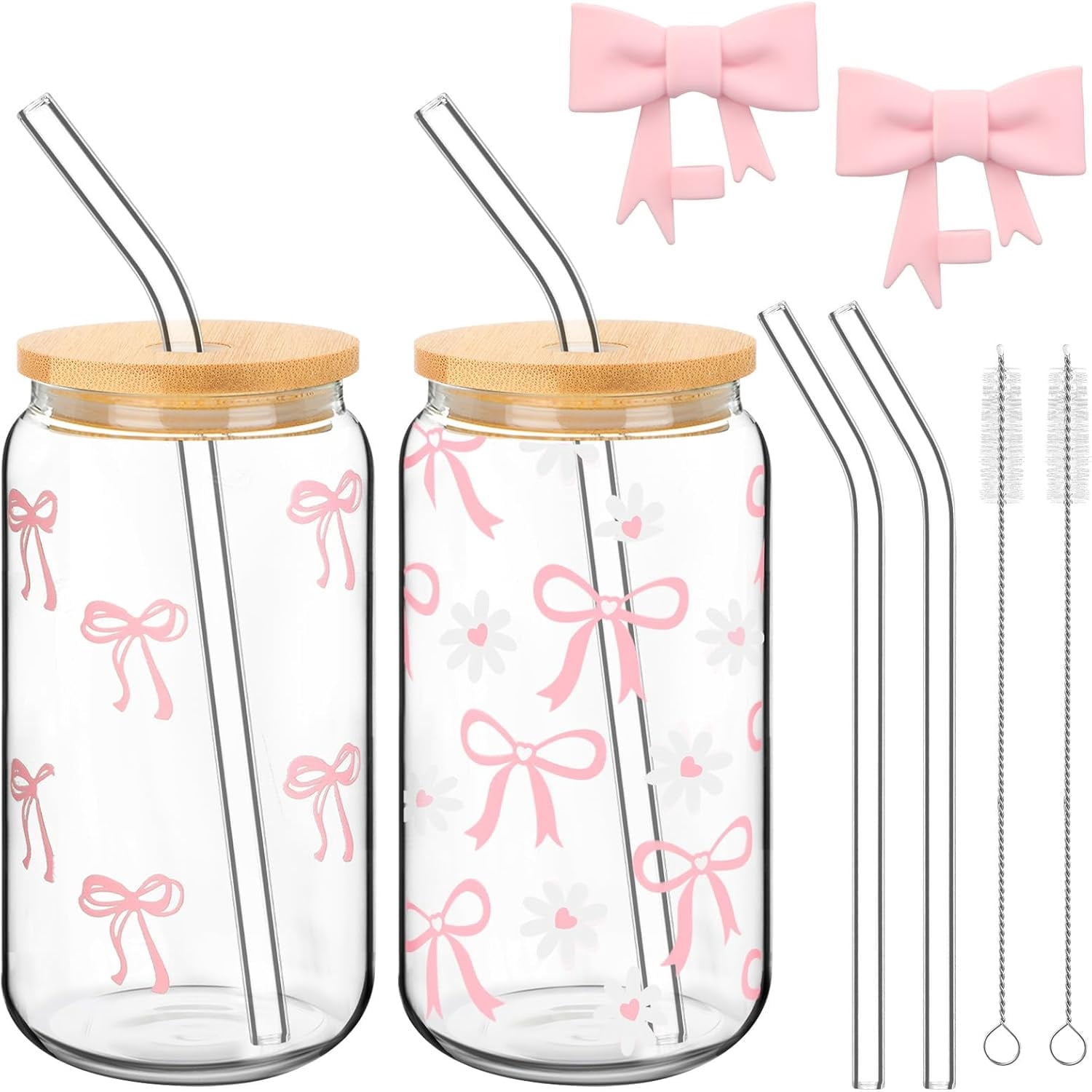 2 Pcs Bowknot Glass Cup, 16oz Reusable Pink Glass Cup with Bamboo Lids ...