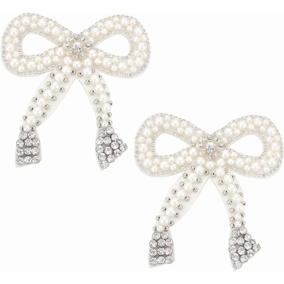 2 Pcs Bowknot Pearl Rhinestone Patch 4.9x4.5inch Bow Tie Beading Appliques White Imitation Pearl Decorative Patch Pearl Rhinestone Bow Repair Felt Sew on Applique for Clothing Repair