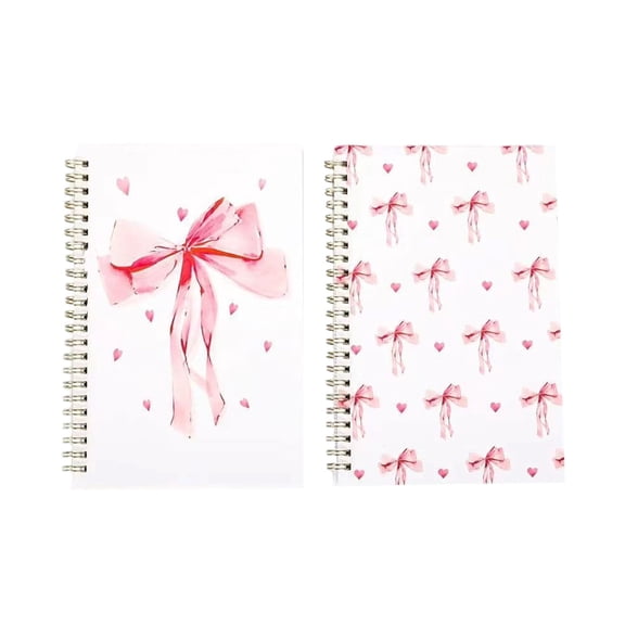 2 Pcs Bowknot Spiral Notebooks Cute A5 Journal Diary Set, Premium Paper Lay Flat Wire Bound Notebook for Women Girls Students, Pink Gift Stationery for School Office Writing