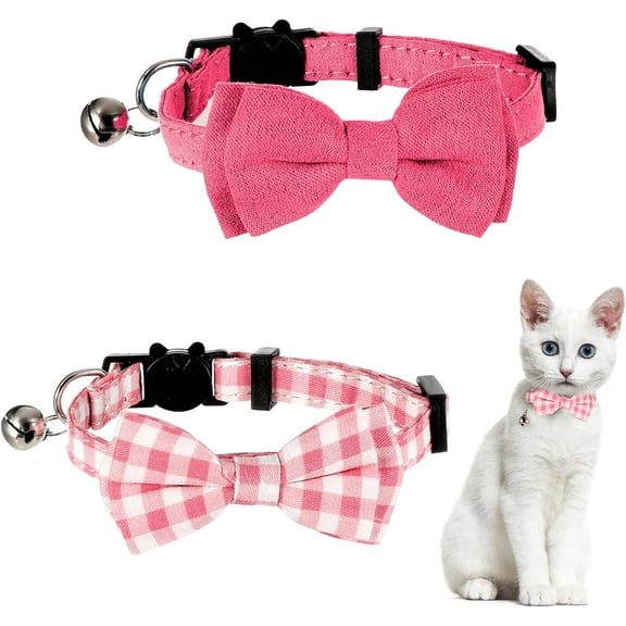 2 Pcs Bowtie Cat Collar with Bell Breakaway Cat Collars Cute Boy Kitten Collar Adjustable Small Puppy Safety Collar Solid Color Plaid Pet Collar