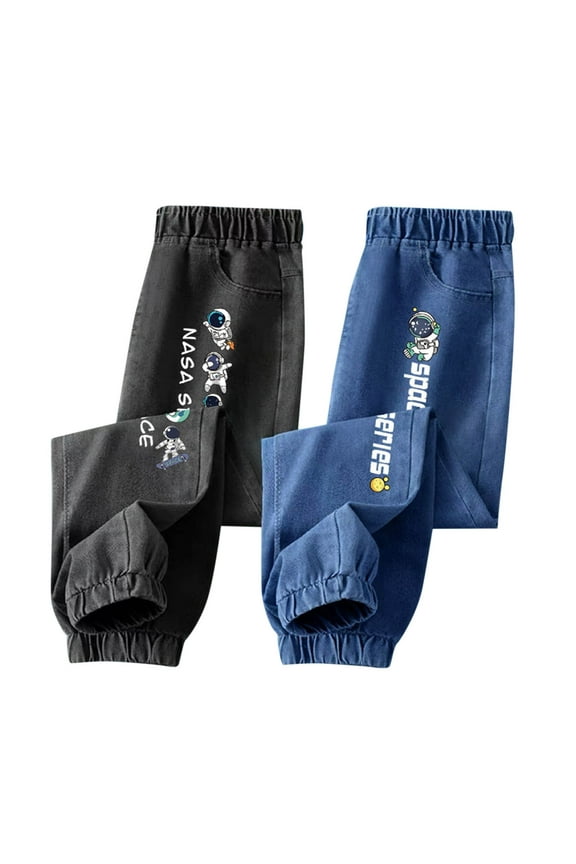 2 Pcs Boys Casual Jeans Joggers Astronaut Faux Denim Pants Elastic Waist Loose Pants Pokcets Streetwear Blue,4 Years