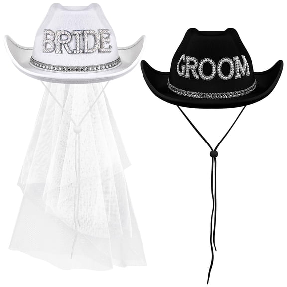 2 Pcs Bride Cowgirl Hat with Veil Feathers Black Groom Cowboy Hats for Wedding Bridal Shower Decor Gifts