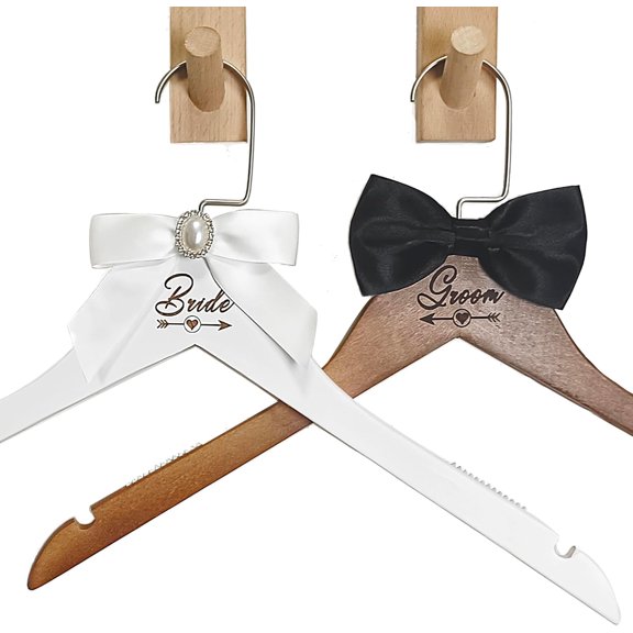 2 Pcs Bride Hanger for Wedding Dress Wooden Groom Suit and Gown Non-Slip Hangers with Bow Tie Personalized Bridal Party Shower Gift (Style 2)