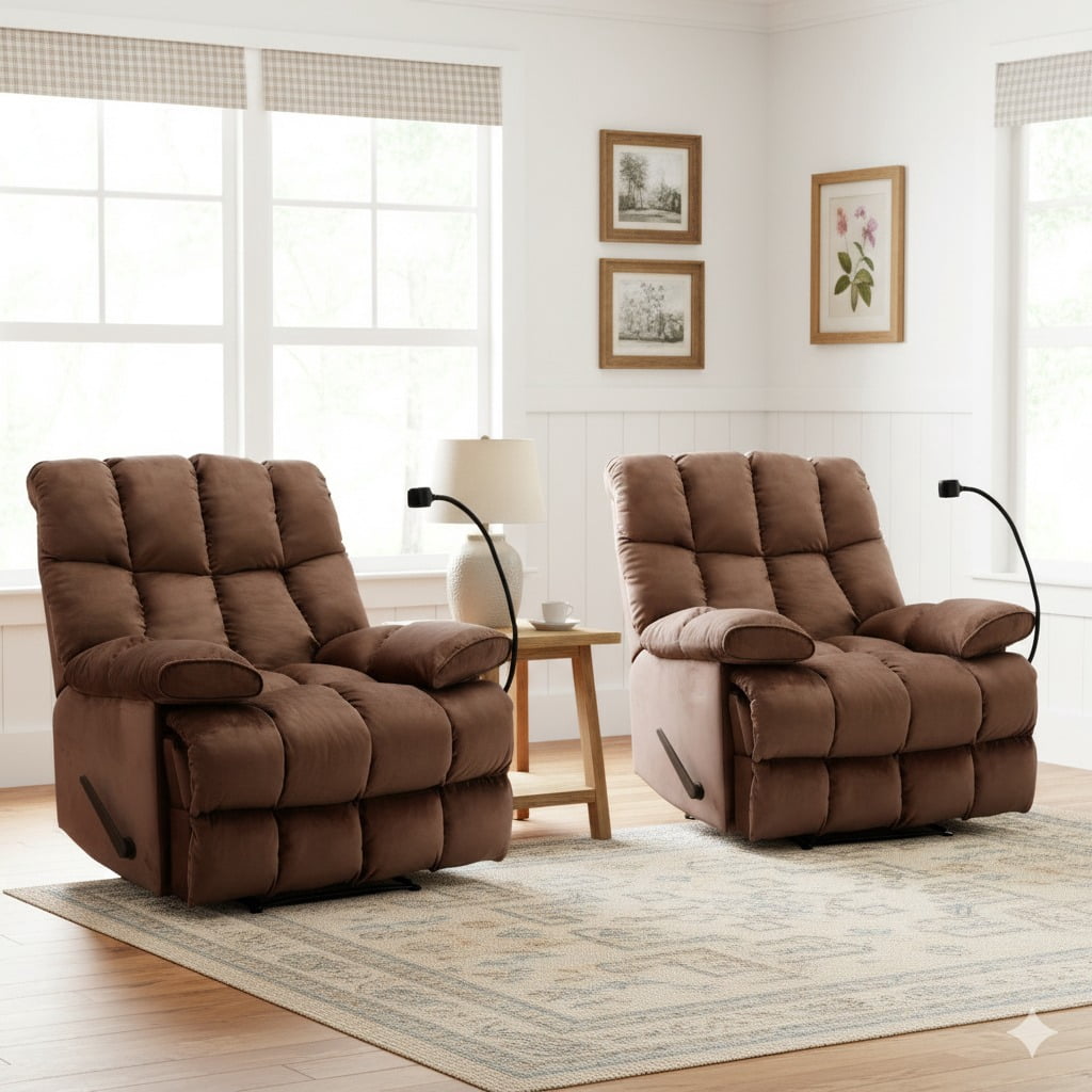 2 Pcs Brown Overstuffed Lounge Chair with Footrest and Phone Holder Extra Large Recliner Chair, Manual Reclining Lounge Chair with Footrest, Comfortable Living Room Accent Recliner