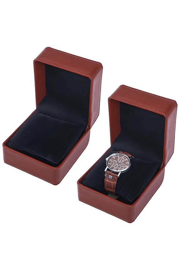 2 Pcs Brown PU Leather x Organizer, Round Corner Design, Closure with strong attachment, Single Watch Storage Case, Luxury Packaging Box, Customizable Logo for Mens Mechanical Watches
