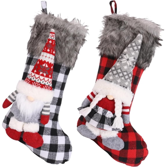 2 Pcs Buffalo Plaid Christmas Gnome Stockings, 19 Inch Large Size Cotton Checkered Fireplace Hanging Stockings with Faux Plush Cuff Candy Gift Bags (2 Pack Christmas Gnome Stockings (19 Inch))