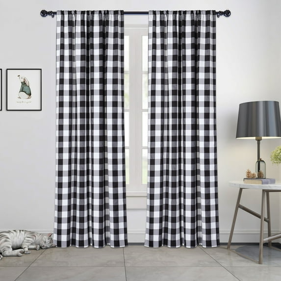 2 Pcs Buffalo Plaid Tier Curtain, Gingham Yarn Dyed Rod Pocket Light Filtering Curtain Drapes