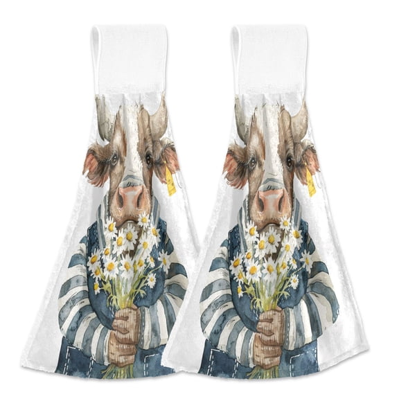 2 Pcs Bull Cow with Daisies Kitchen Hand Towels with Hanging Loops Absorbent Soft Fast Drying Decor Bath Towels