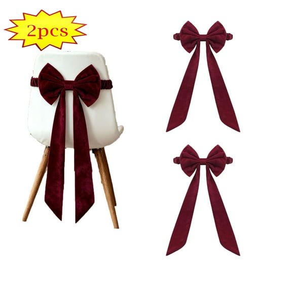 2 Pcs Burgundy Chair Sashes Red Christmas Chair Bows for Chairs, 11.8” x 29.5“ Elastic Velvet Sashes Chairs Bows for Christmas Home Wedding Reception Banquet Party Decor