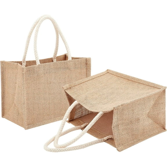 2 Pcs Burlap Jute Tote Bags with Cotton Handles Reusable Shopping Grocery Bag Tote Beach Bags for Bridesmaid Wedding Market Grocery Shopping Bachelorette Party DIY Decor (Small Tan) 2pcs