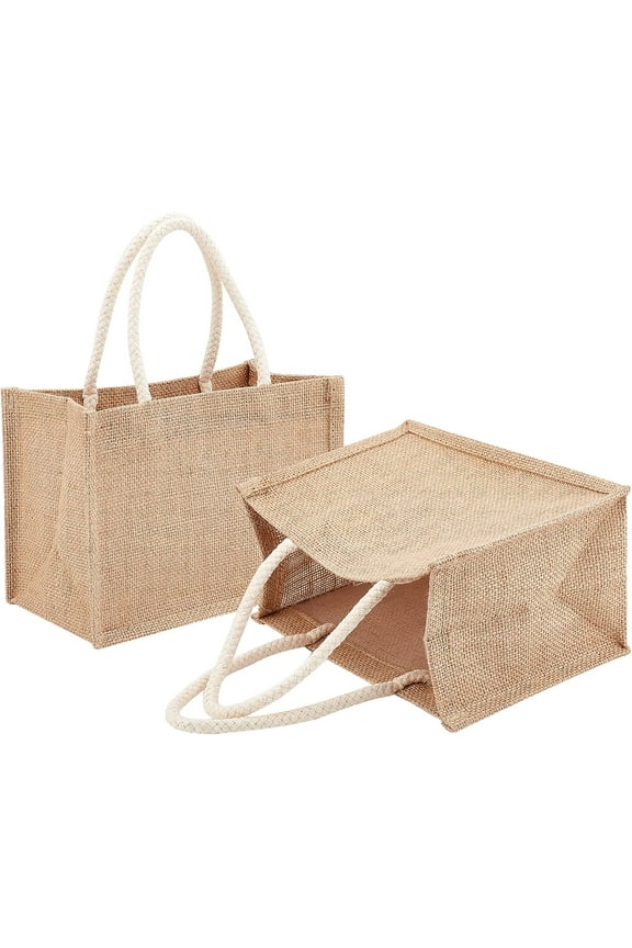 2 Pcs Burlap Jute Tote Bags with Cotton Handles Reusable Shopping Grocery Bag Tote Beach Bags for DIY Bridesmaid Wedding Market Grocery Shopping Bachelorette Party DIY Decor (Small Tan)