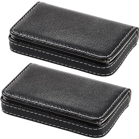2 Pcs Business Card Holder, PU Leather Business Card Case Pocket Wallet with Magnetic Shut for Christmas Gift Adult(Black)
