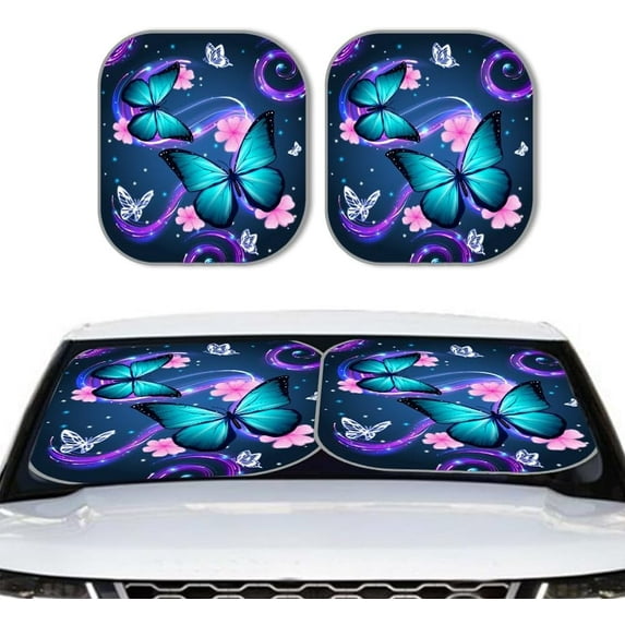 2 Pcs Butterfly Car Windshield Sun Shade 28.5x25.51 Inch Foldable Car Sun Visor Reflector Sunshade Car Front Window Sunshade for Sedans Hatchbacks SUV Truck