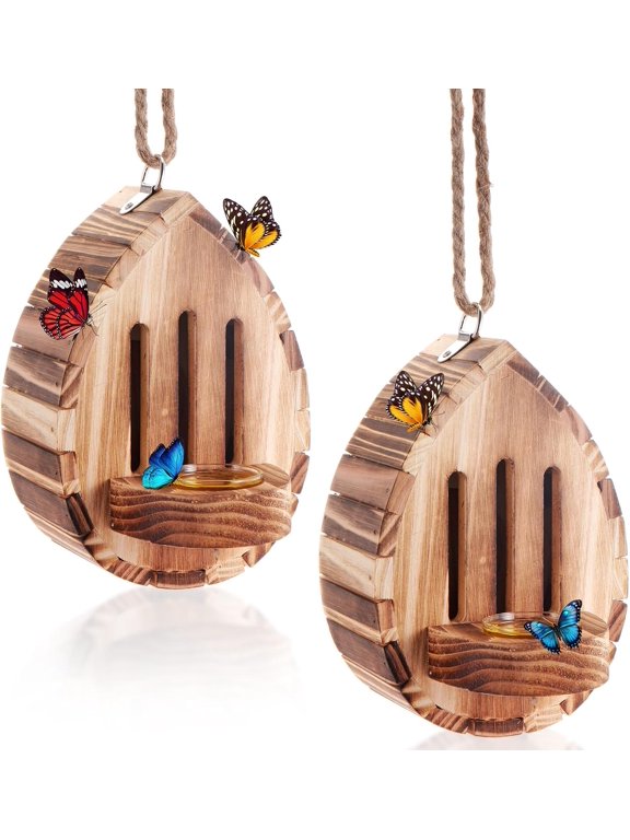 2 Pcs Butterfly House Wooden Butterfly Habitat with Feeder Hanging Garden Decoration Natural Nesting Box for Butterflies Bugs, Butterflies, Moths, Lacewings(Water Drop Style)