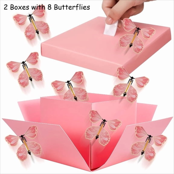 2 Pcs Butterfly Pop Up Surprise Gift Box Pink Explosion Box for Celebration Gift for Her Romantic Memory Box Wedding Anniversary Birthday Party Decoration Surprise Packaging Box