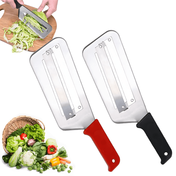 2 Pcs Cabbage Chopper Shredder - Stainless Steel Kitchen Knife for Slicing, Grating & Shredding - Perfect for Sauerkraut, Coleslaw, Vegetables - Sharp Blades,Black & Red Handle
