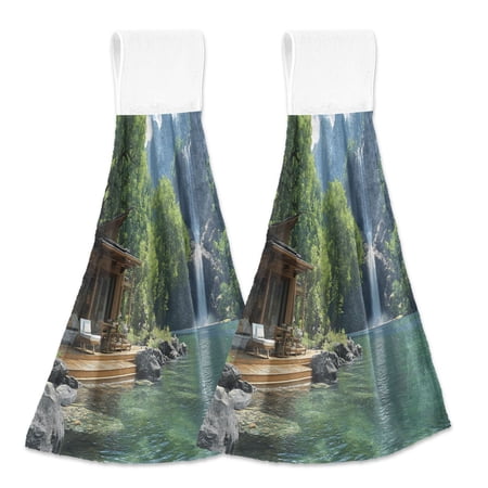 2 Pcs Cabin by Lake Kitchen Hand Towels with Hanging Loops Absorbent Soft Fast Drying Decor Bath Towels