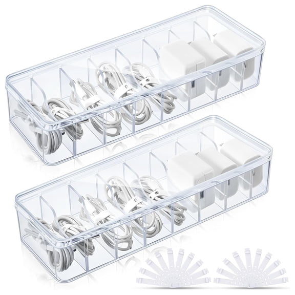 2 Pcs Cable Organizer Box with Wire Ties, Plastic Cord Storage Box with Lid, Electronics Organizer for Home Office Desk Organizers and Accessories (Clear)