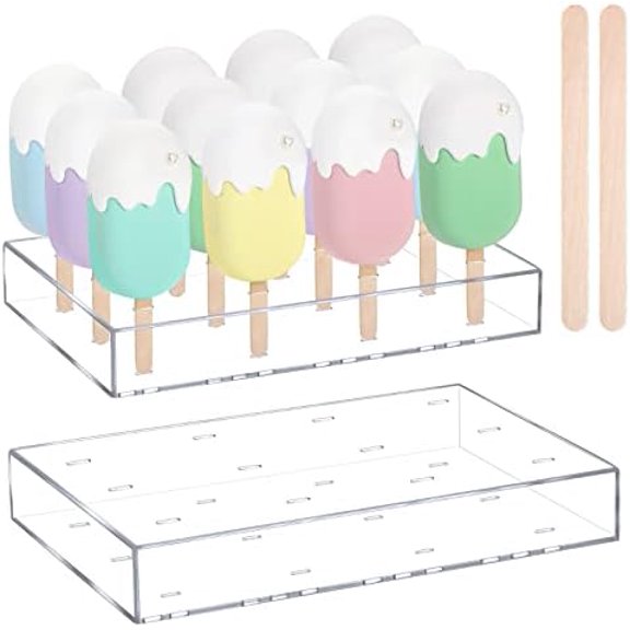 2 Pcs Cakesicle Stand Display Acrylic Cake Pop Stand Reusable Cake Pop Holder Clear Lollipop Holder and 100 Pcs Wood Ice Cream Sticks for Birthday Wedding Baby Shower Parties Dessert Table$$