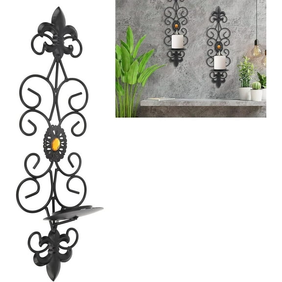 2 Pcs Candle Sconces Wall Decor, Black Candle Holder for Pillar, Rustic Decorative Wall Mounted Metal Tealight Candles Holders Set, for Living Room, Farmhouse, Fireplace, Wedding, Home Decoration