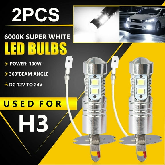 2 Pcs Car H3 Led Fog Light Bulb Conversion Kit Dc 12V-24V 100W 360 Degrees Super Bright Canbus 6000k White