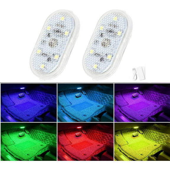 2 Pcs Car LED Lights Interior, 7 Colors LED Interior Car Lights with 6 Bright LED Lamp Beads, Portable Night Reading Light Car Interior Atmosphere, USB Rechargeable Lighting Light (7 Colored Lights)