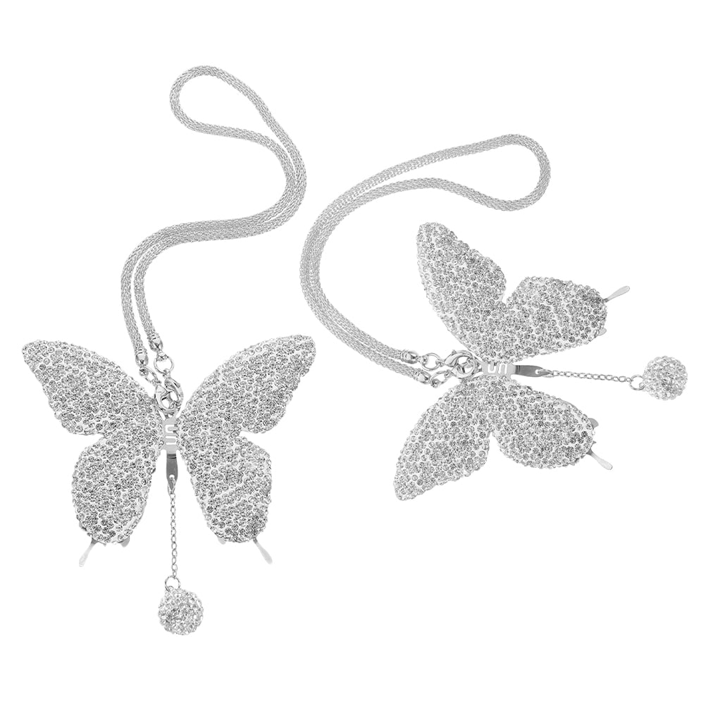 2 Pcs Car Sticker Diamond Butterfly Multi-color Mirror Pendant