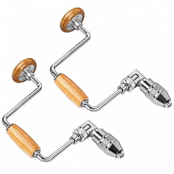 2 Pcs Carpenters Bit Brace, 12.6" Hand Crank Drill with 4-Jaw Chuck & Non-Slip Handle, Swing Manual Woodworking Tool