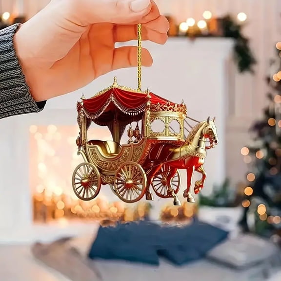 2 Pcs Carriage Christmas Ornament Horse with Sleigh Carriage 2D Acrylic Xmas Tree Ornament for Winter Home Decor