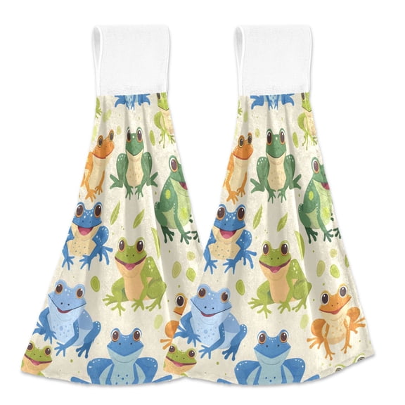 2 Pcs Cartoon Animals Frogs Kitchen Hand Towels with Hanging Loops Absorbent Soft Fast Drying Decor Bath Towels